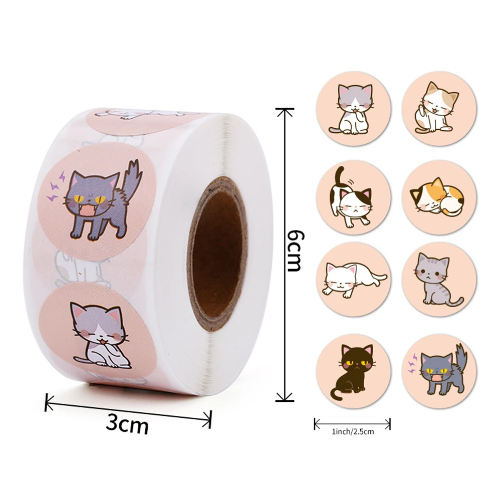 50-500Pcs Stationery Sticker 2.5cm /1inch Cat Pattern Kids Sticker For School Teacher Student Stationery Round Stickers