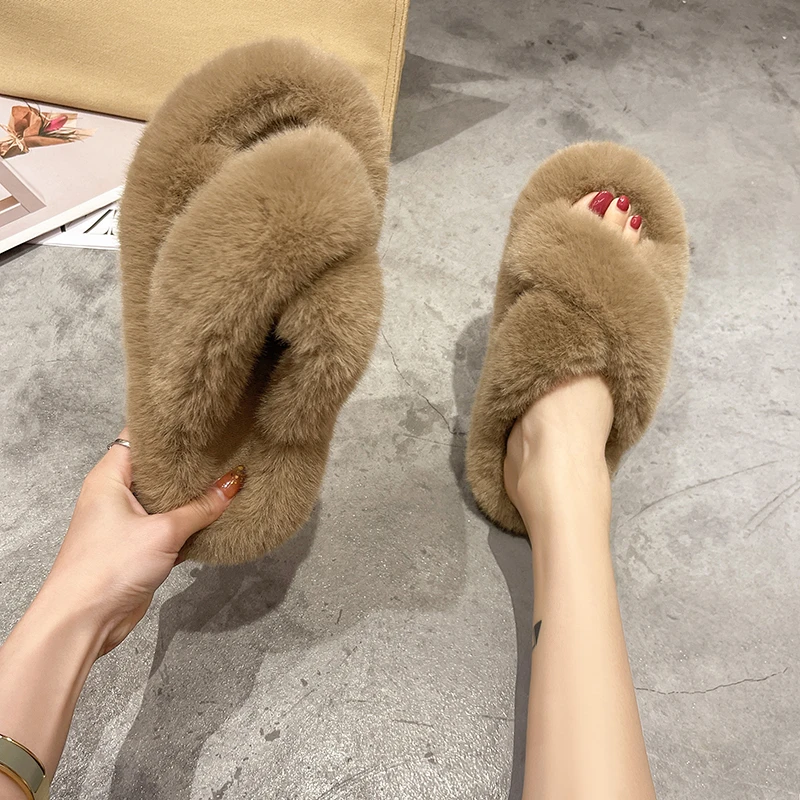 Women Fur Warm Winter Furry Fur Shoes Fluffy Plush Slippers Home House Indoor Shoes Bedroom Slippers Female Ladies Round Toe