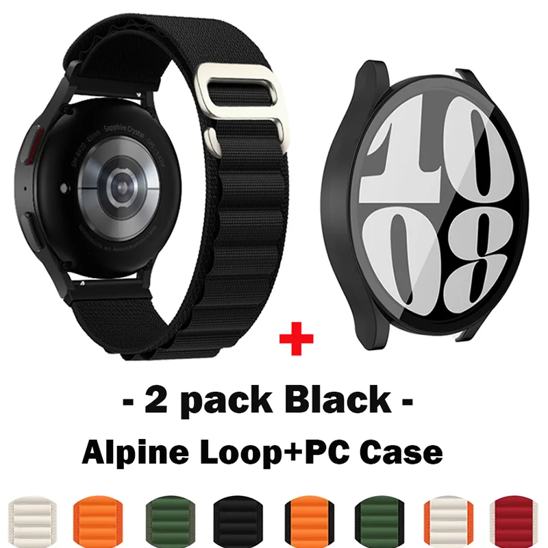 2pack case+Nylon Strap for Samsung Galaxy Watch 7 6 5 4 40mm 44mm Alpine Loop Band PC Protector Cover Bumper  For Galaxy Watch 7