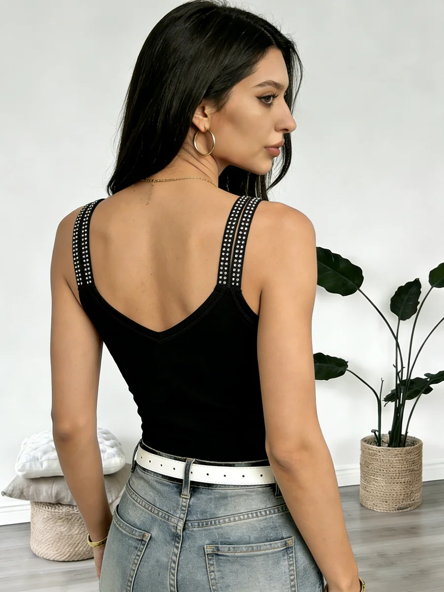 Womens Tank Top Rhinestone Studded V Neck Tank Top Studded Cami Top Slim Fit Casual Chic Apparel Tops Spring Summer Daily Shirts