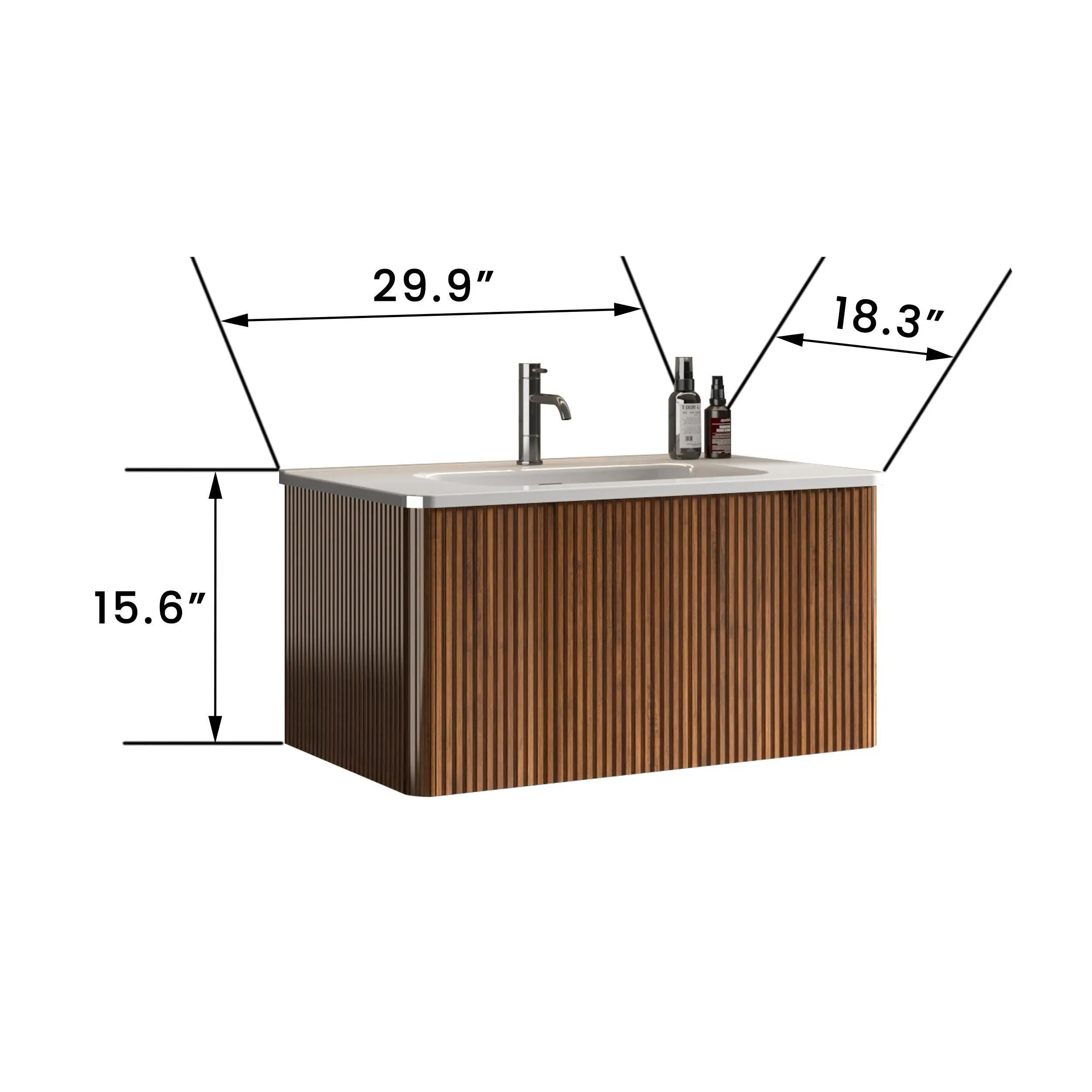 Tocador de baño flotante de nogal de 30 rayas con lavabo de cerámica blanca, para diseño moderno montado en la pared, lavabo de una sola pieza