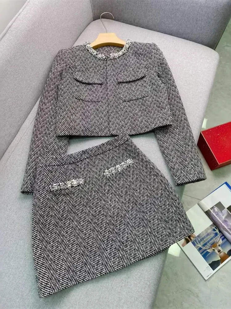 UCXQ Elegant Temperament Sets Office Lady Diamond Studded O Neck Woolen Coat Short Skirt Two-piece Set Women 2024 Spring Autumn