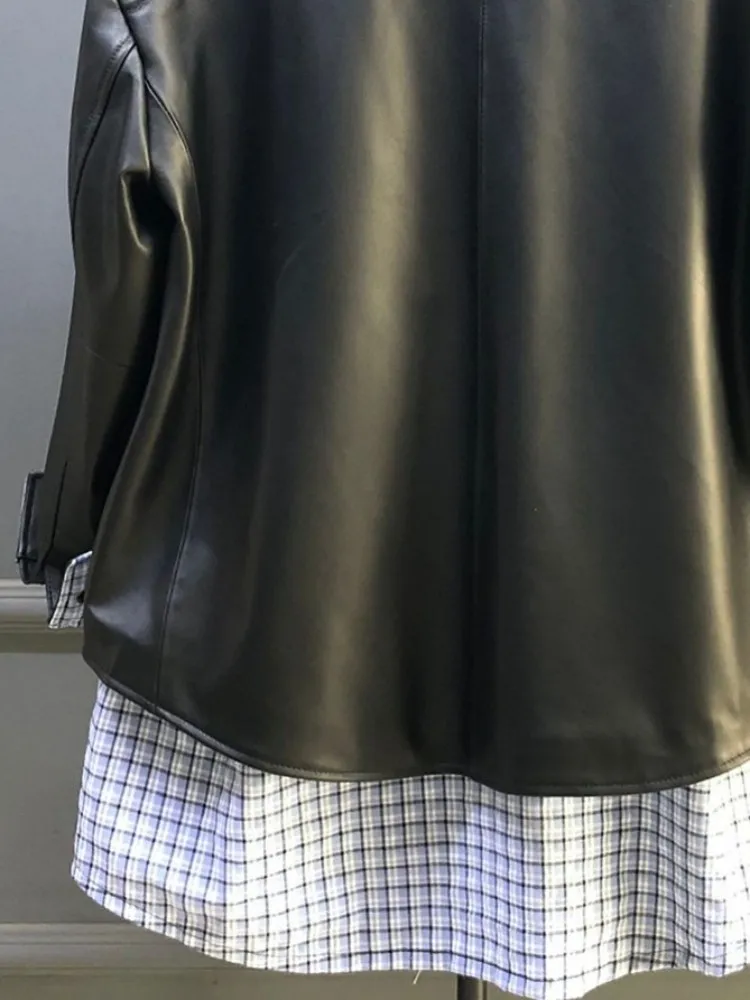 Giacca in vera pelle monopetto con risvolto colorato patchwork stile tempo libero Capispalla da donna a maniche lunghe con tasca in pelle di pecora allentata