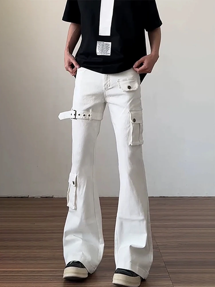 

White American High Street Vibe Men's Skinny Jeans Thin Belted Straight Leg Casual Wear Resistant mid High Waist Denim Pants