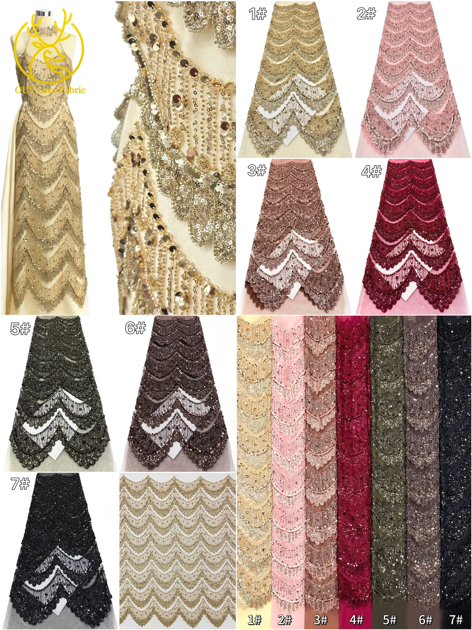 Luxuriöser DIY Handgefertigter Stickerei-Spitzenstoff für Hochzeiten Hochwertiger Hochzeitsstoff Französische Pailletten-Perlen-Spitze Nigerianischer Tüll-Netzstoff – Detail 4