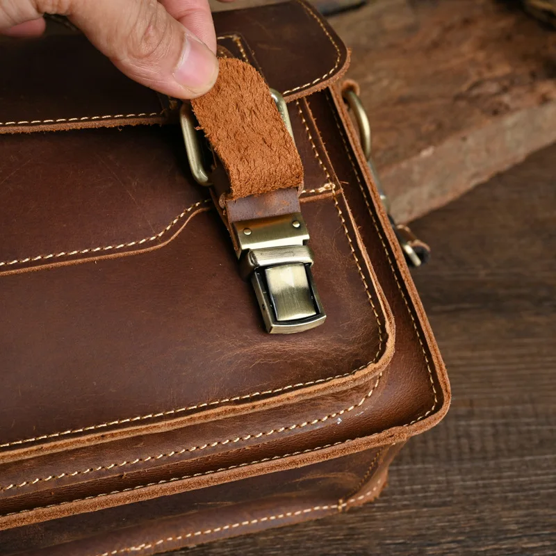 Bolsa mensageiro de couro genuíno, alça de ombro ajustável, fecho de fivela, vintage, bolsa crossbody masculina, bolsa de ombro único