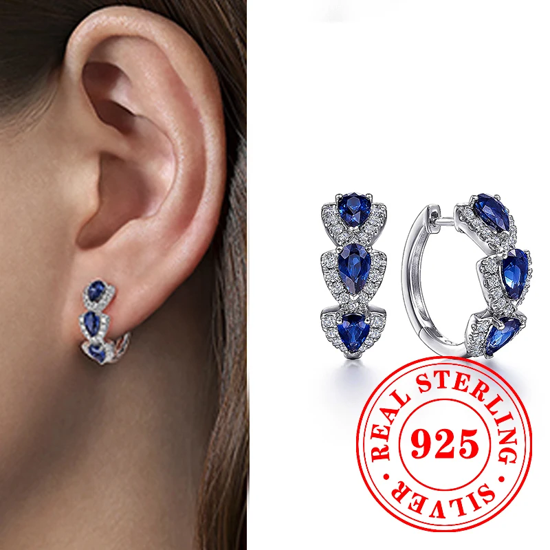 

Huitan Deep Blue CZ Design Hoop Earrings 925 Sterling Silver Unique Versatile Styles Ear Accessory Dating and Anniversary Gifts