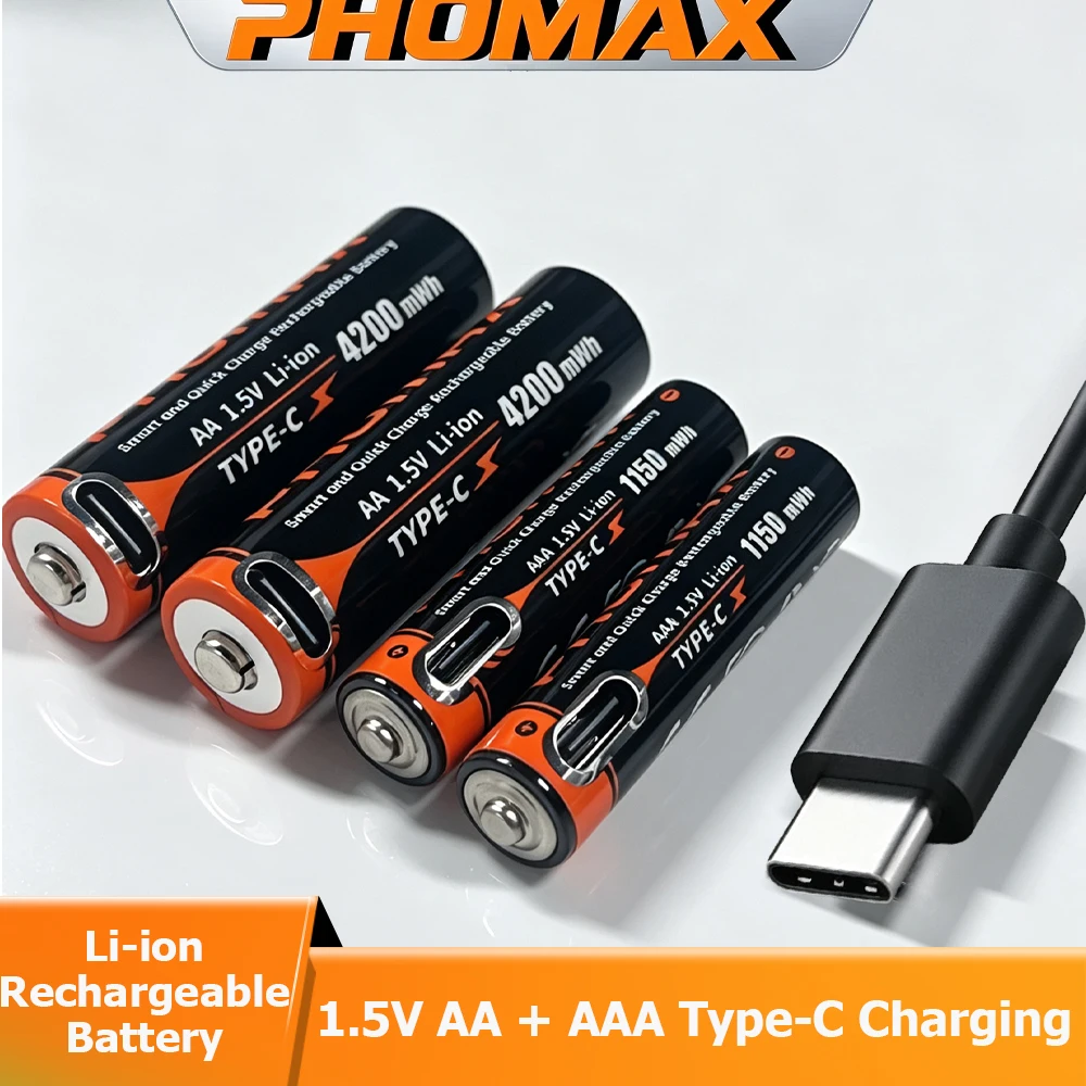 PHOMAX 1.5V AA/AA Lithium Rechargeable Battery 4200mWh 1150mWh Type-C Fast Charging Li-ion Batteries For Toy Car Keyboard Remote