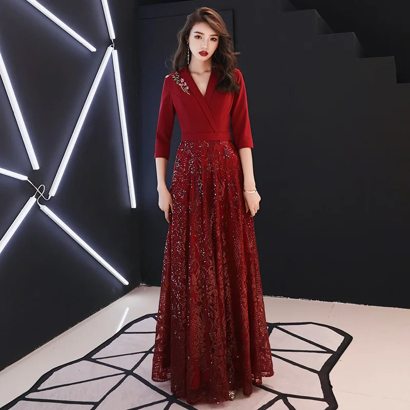 plus Size Red Evening Gown Wedding Reception Dr Ele Slimming A-Line Skirt Cotton Fabric V-Ne Long Sve Women