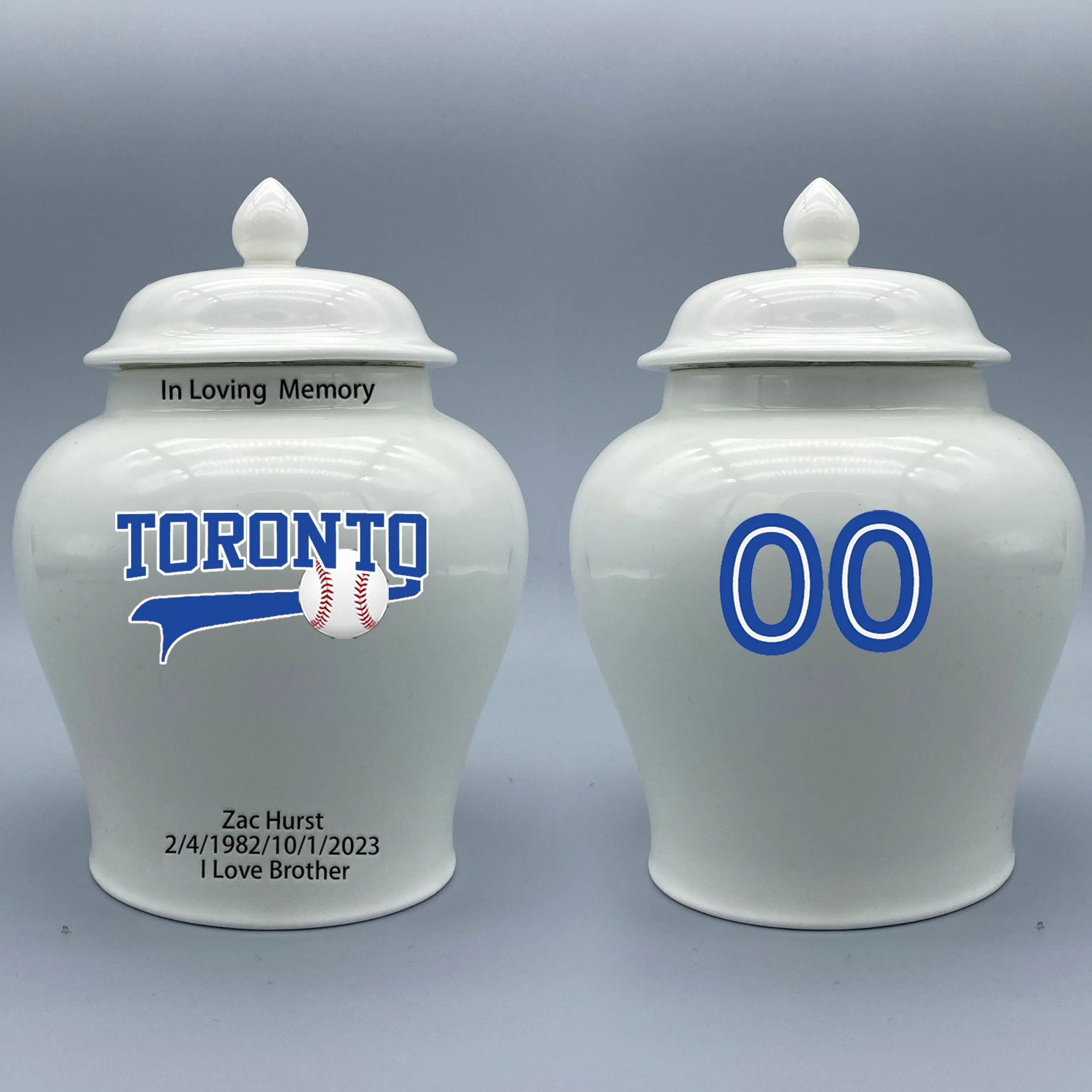 

Medium Urn for Toronto Blue Jays-themed Logo Urn.Please send me the customize information-name/date and number on the urn