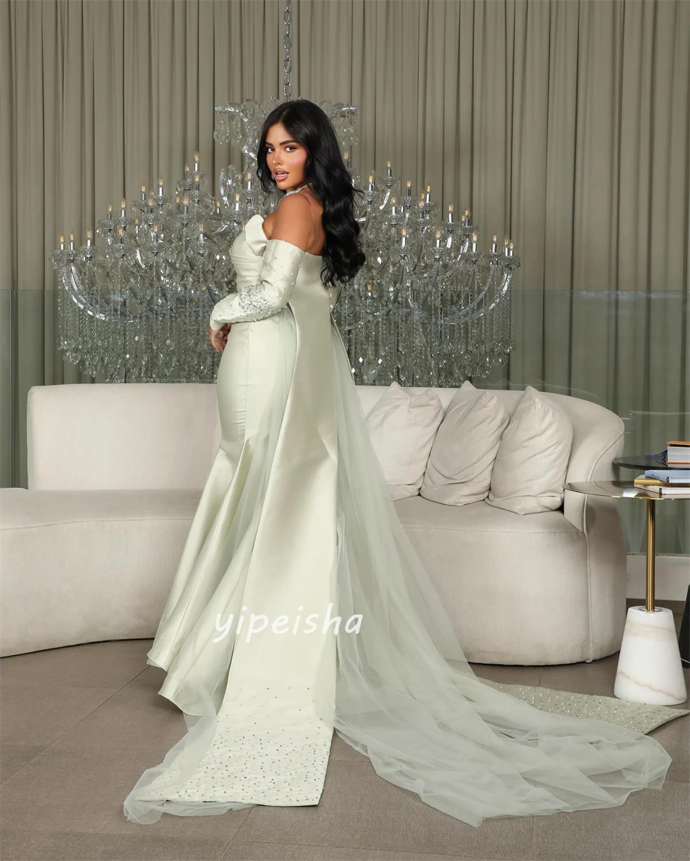 Customized High Quality Formal Charmeuse Beading Ruched Mermaid Off-the-shoulder Midi Dresses Bespoke Occasion Dresses Matching