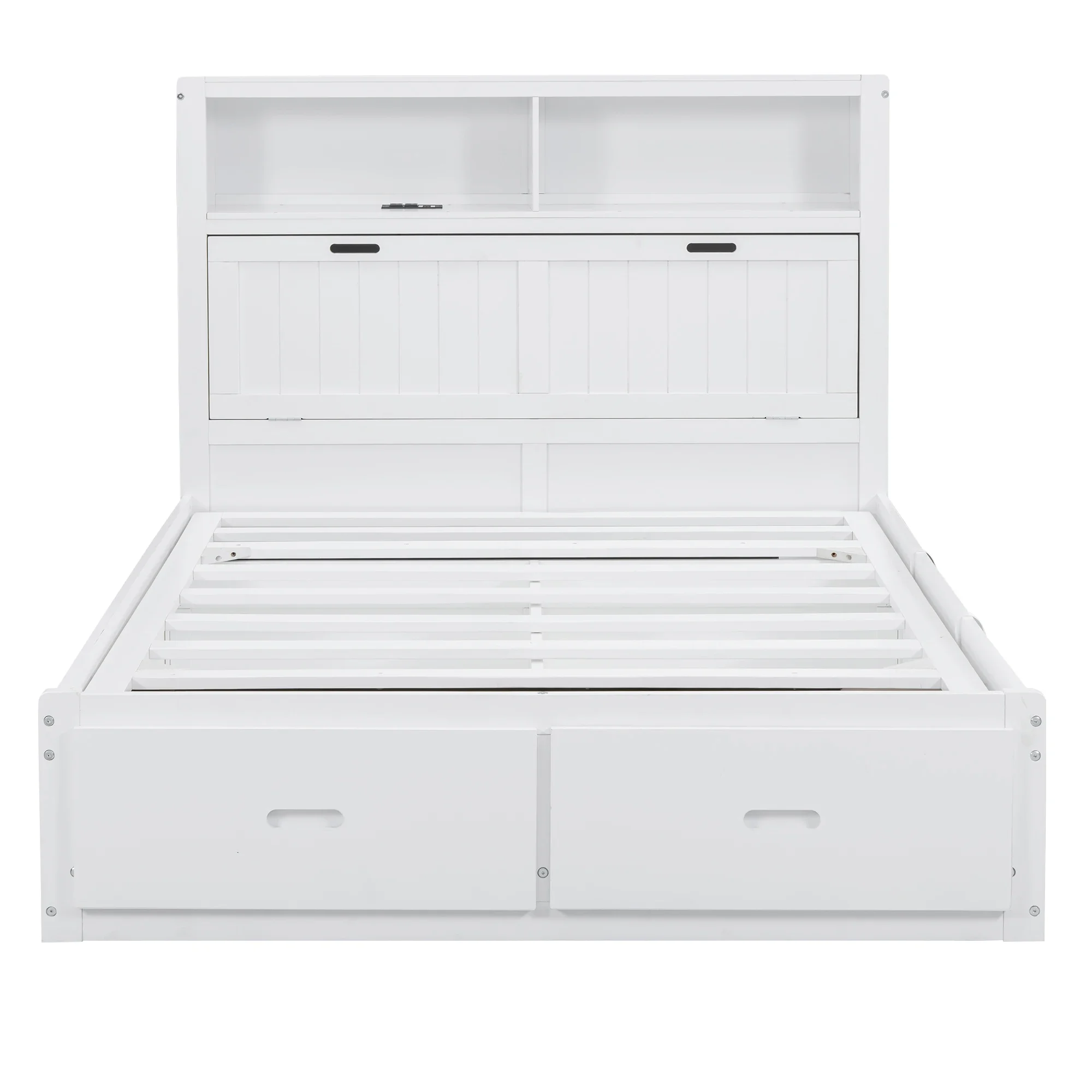 سرير بمنصة هيدروليكية بيضاء كاملة الحجم مع محطة شحن اللوح الأمامي LED ودرجين لتخزين الخشب الصلب على طراز الخشب الصلب