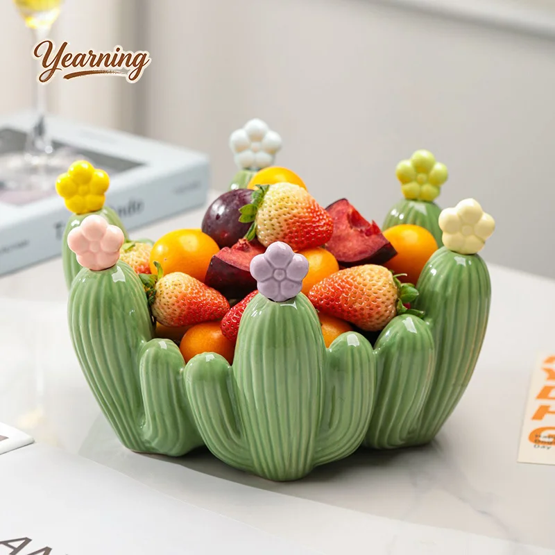 

Cactus Fruit Bowl Creative Home Decor Living Room Coffee Table Dried Fruit Tray with Stainless Steel Fork High Value