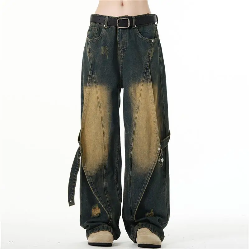 

Новинка 2024, американская рабочая одежда в стиле ретро, джинсы, мужские модные свободные прямые широкие брюки, высокая эластичность, длинная футболка со средней талией...