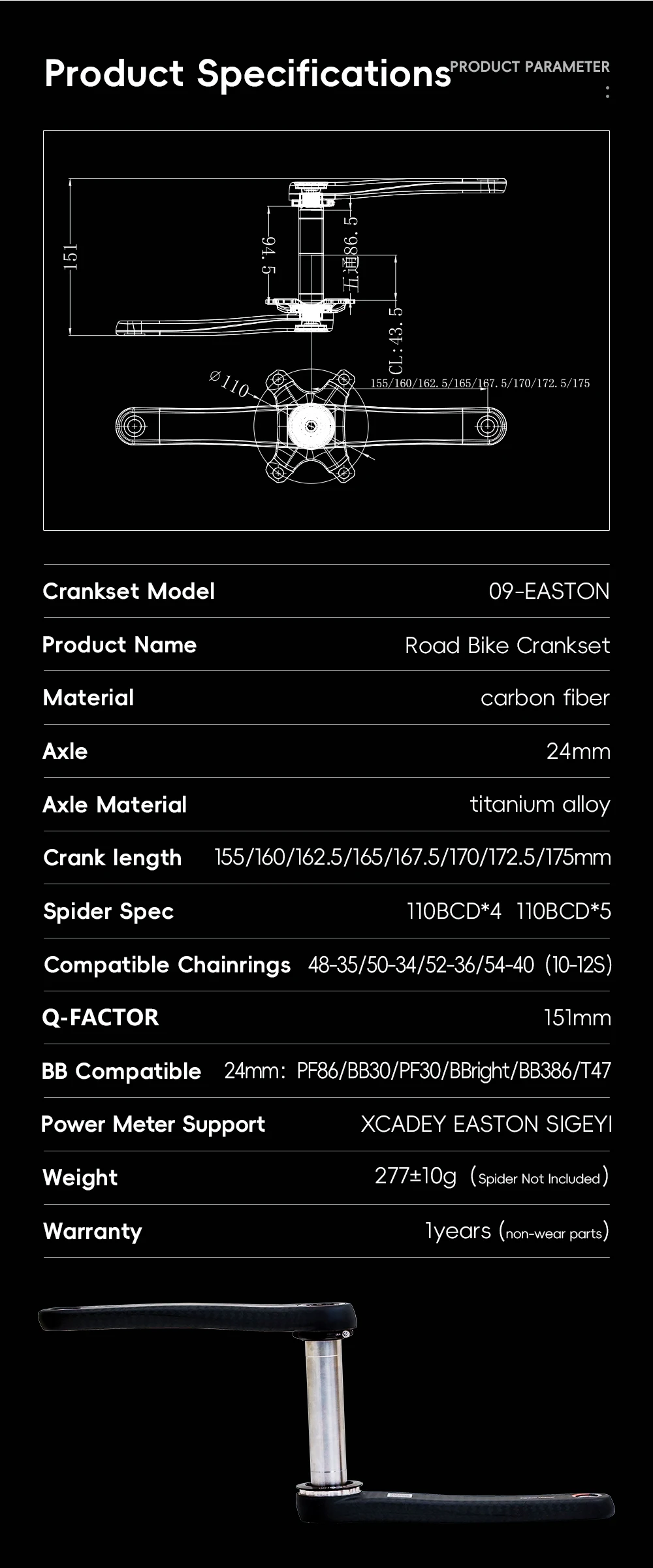 285g Ultraleichte Carbon-Kurbelgarnitur 24mm Ti-Spindel 155-175mm Straßenkurbel XCADEY Easton Spider 110BCD Powermeter-Bereit – Detail 5