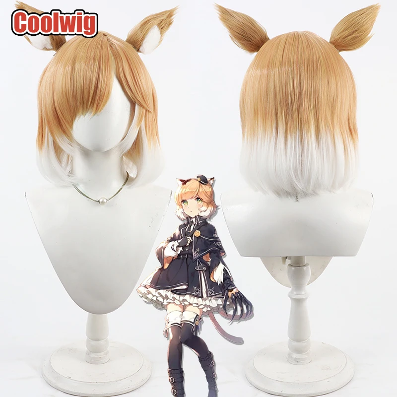 

Coolwig Synthetic Hair Mousse Cosplay Wigs With Ears Game Arknights Mousse 30cm Short Blonde Mixed White Wig Heat Resistant