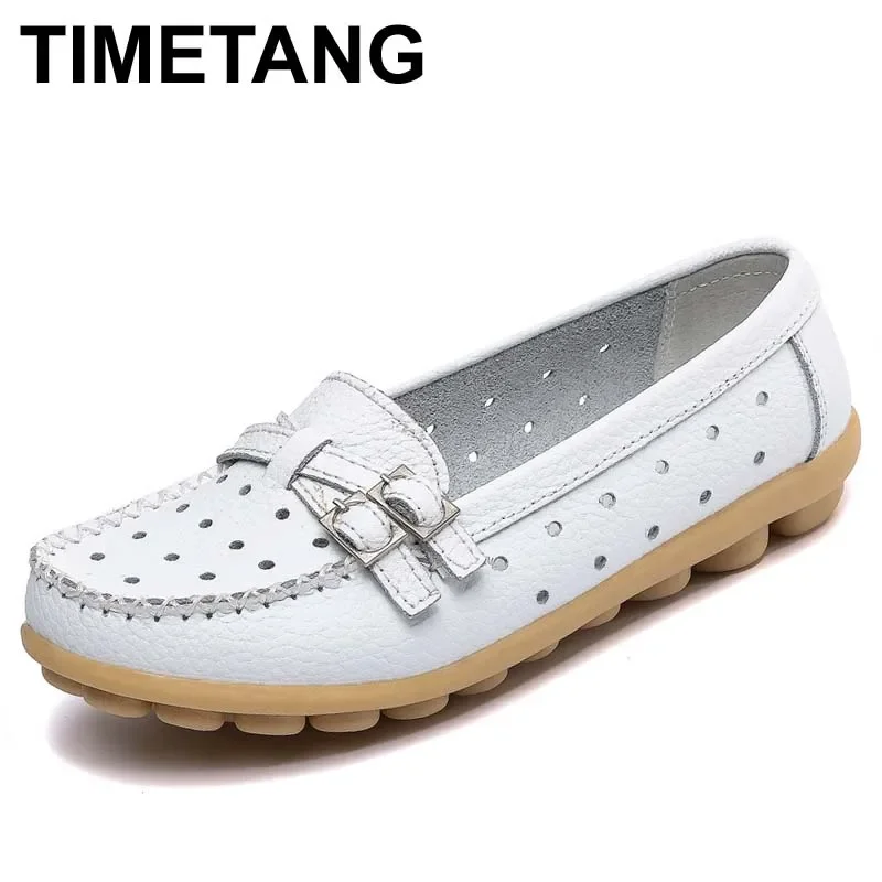 TIMETANG Shoes Woman Genuine Leather Women Shoes Flats 8 Colors Buckle Loafers Slip On Women\'s Flat Shoes Moccasins Plus Size Q5