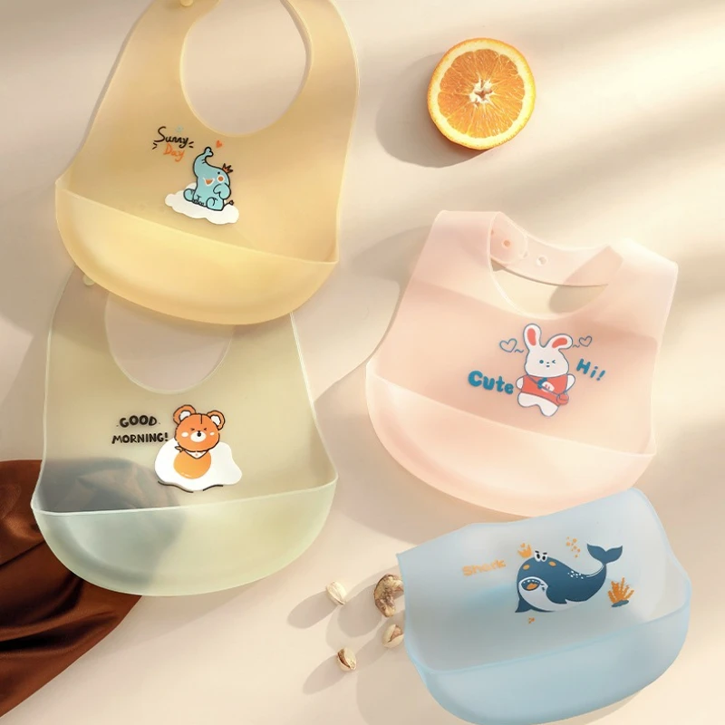 Waterproof Baby Bibs Baby Stuff Cute Cartoon Animal Printed Kids Bib Girl Boy Adjustable Soft Silicone Bib Baby Feeding Stuff