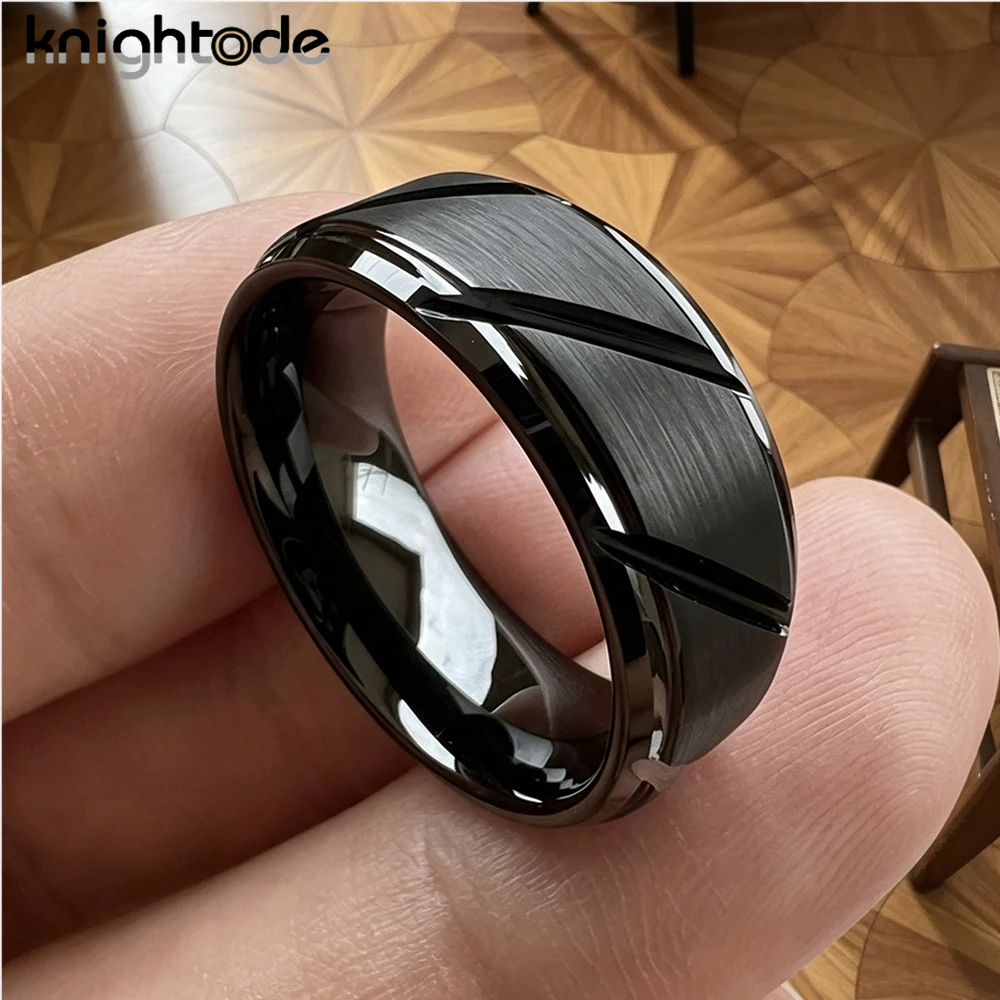 8mm Gold/Black/Pink PlatedTungsten Carbide Rings Cut Grooved Wedding Band Beveled Edges Comfortfit