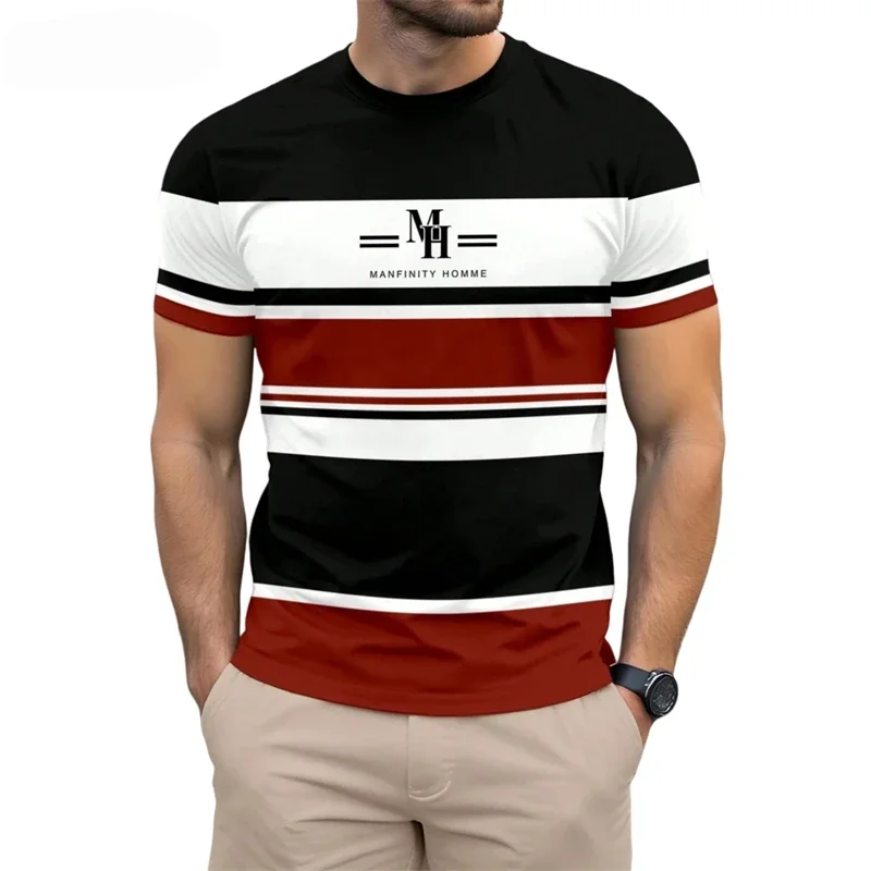Fashion Men's Color Block Striped T-Shirt 3D Letter Print Crew Neck Short Sleeve Casual Athletic Top Classic Stripe Daily Wear