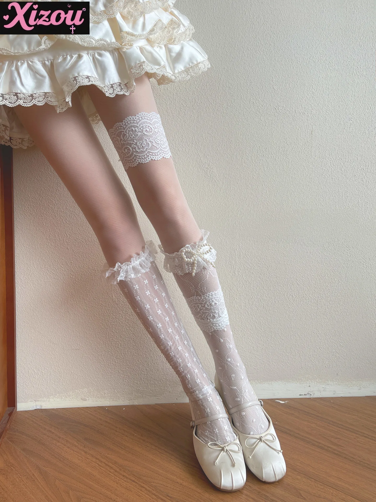Japanese Sweet and Gentle Wind Stacking Mixed Matched Women's Socks Lace Pearl Bow Lolita Lace Medium Tube Stacking Socks Women
