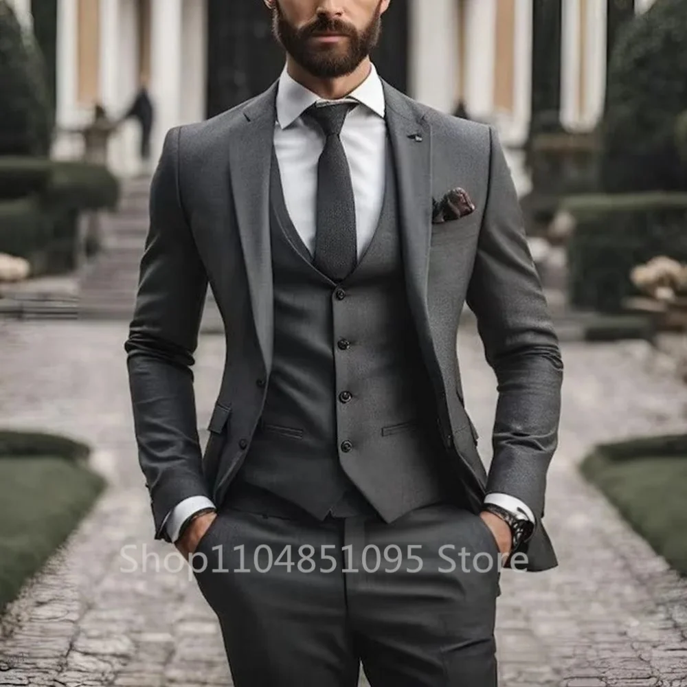 Мужской комплект из трех предметов, приталенный смокинг, деловой костюм для свадебной вечеринки, элегантный пиджак, жилет, брюки, однотонный модный мужской костюм