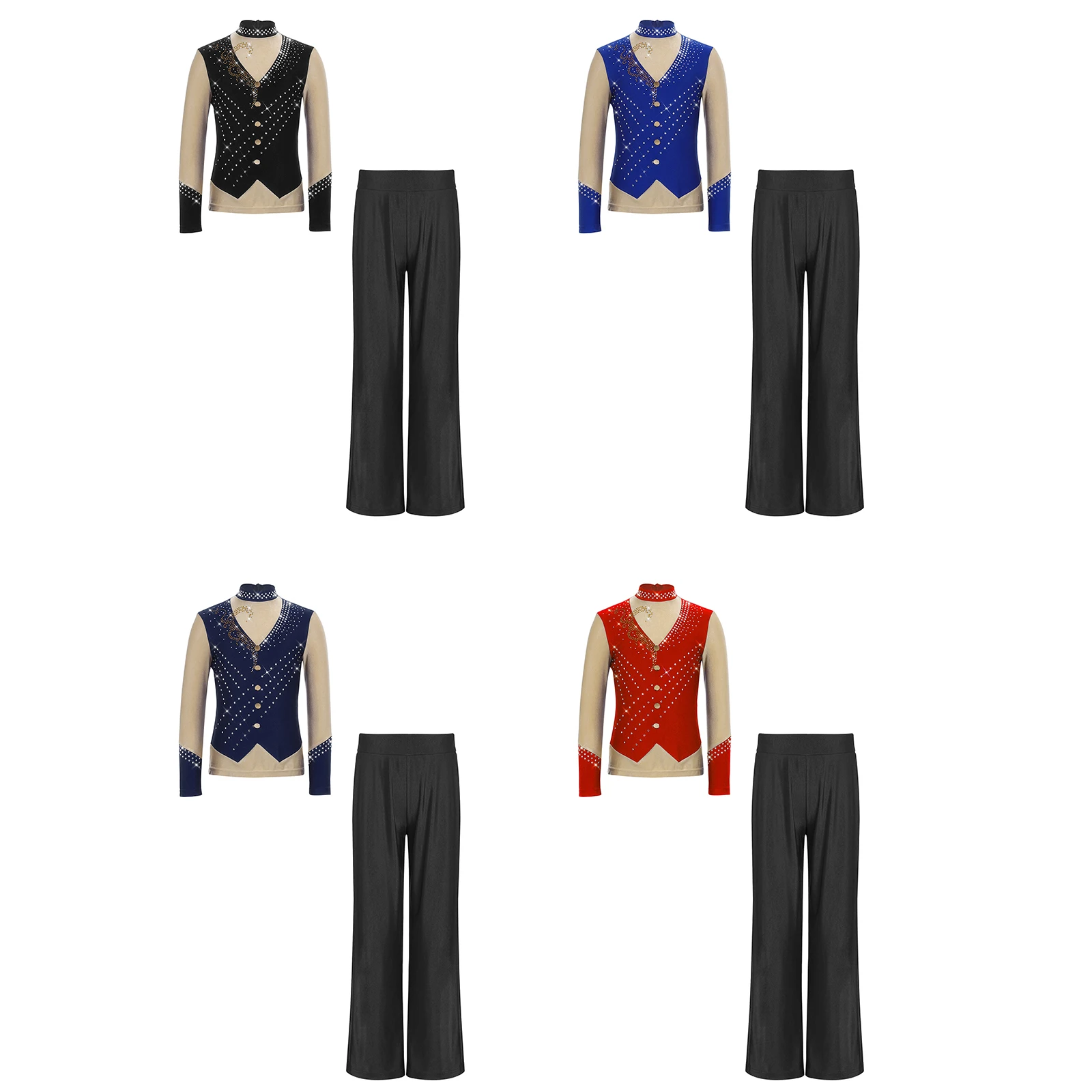 

Детские костюмы для выступлений по фигурному катанию для мальчиков, наряд для джаза, танго, румбы, блестящий топ на молнии с длинными рукавами и стразами, комплект с брюками