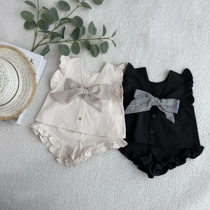 

Summer Girls Bow Baby's Sets Children's Solid Color Set Baby Girl Bow Top+Lace Shorts Two Piece Set New Born Baby Girl Clothes