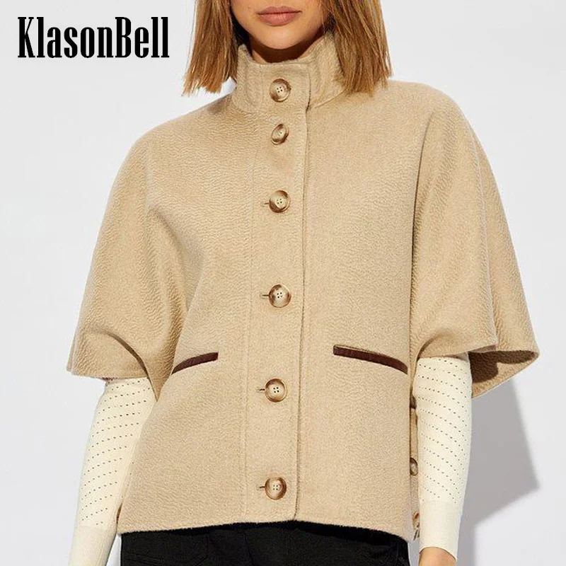 8.11 KlasonBell Women\'s Temperament Cashmere Wool Cloak Jacket Contrast Color Pocket Stand Collar Button Short Sleeve Coat