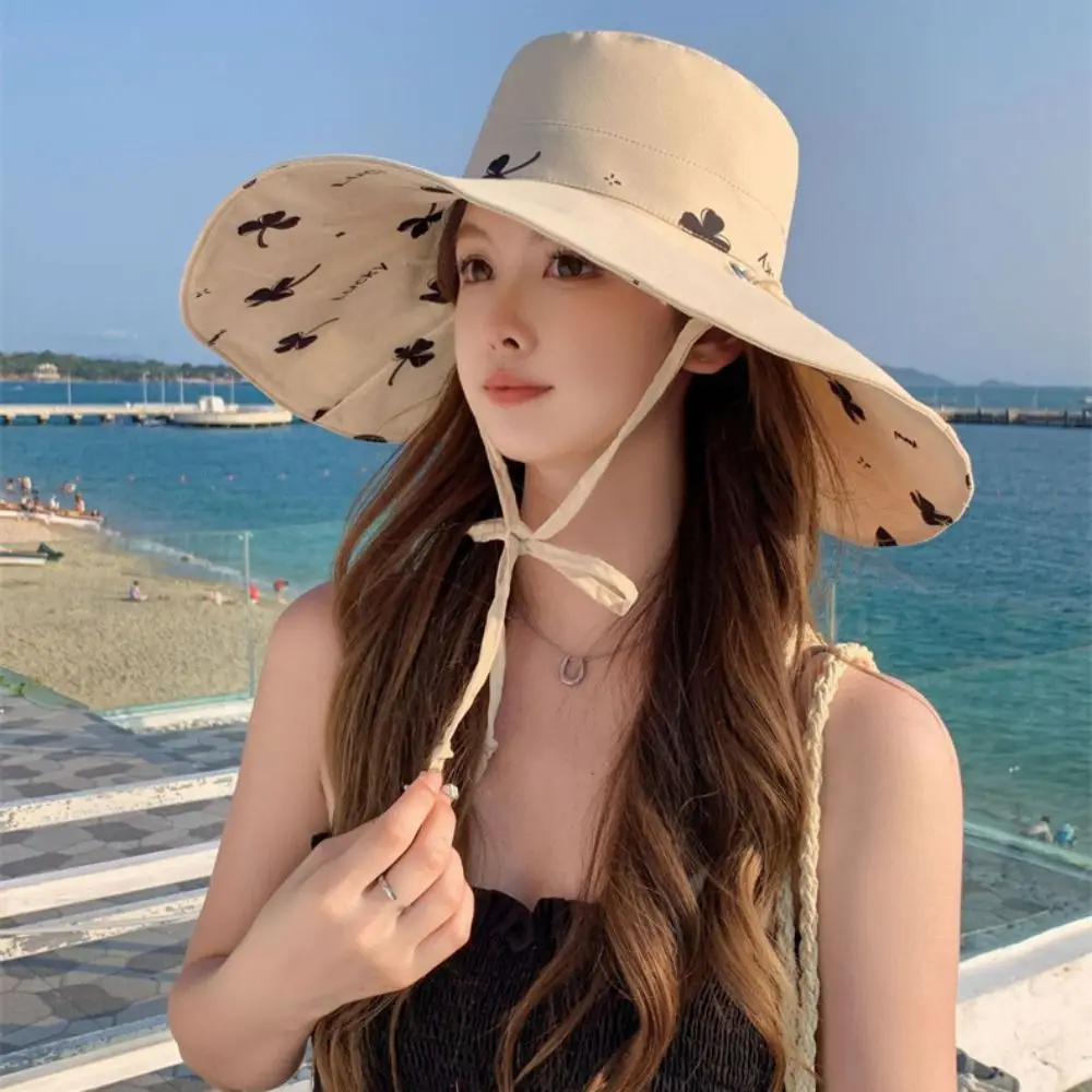 

Fashion Sweet Wide Brim Sun Hat Anti-UV Full Face Cover Sunshade Fisherman Hat Visor Cap Double Sided Seaside Beach Cap Travel