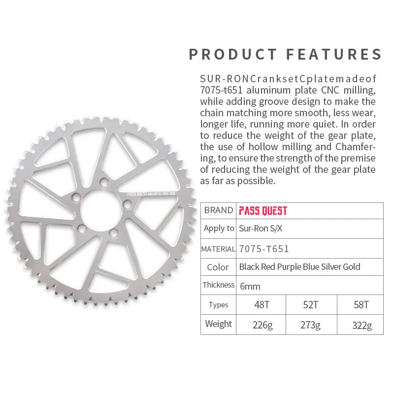 PASS QUEST Electric Bike Light Bee 48T 52T 58T Motorcycle Sprocket For Sur-Ron Light Bee X S Off-Road Chainring Cycling Parts