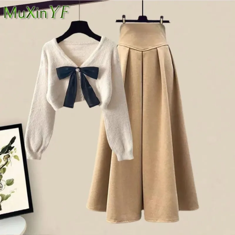 2024 Spring Autumn New in Matching Sets Women\'s Fashion Slim Bow Sweater+High Waist Skirt Two-piece Set Korean Chic Dress Suit