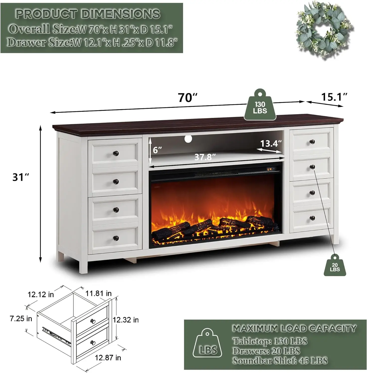 Soporte de TV para chimenea, centro de entretenimiento de granja con 36 chimenea eléctrica y 4 cajones dobles de imitación, hasta 80 pulgadas