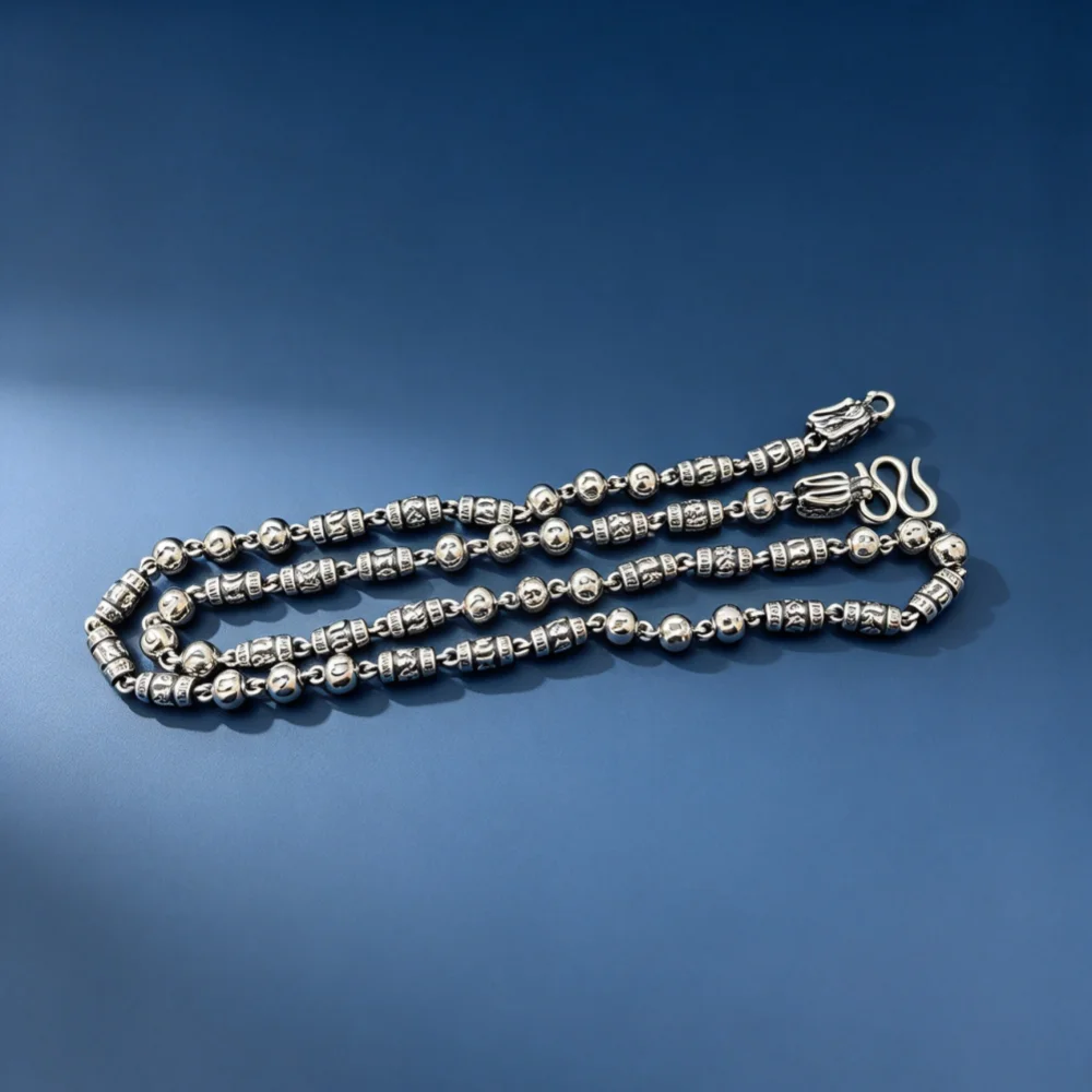 Antique S925 Sterling Silver Dragon Head Beaded Chain Necklace Men and Women Retro Ethnic Prayer Jewelry