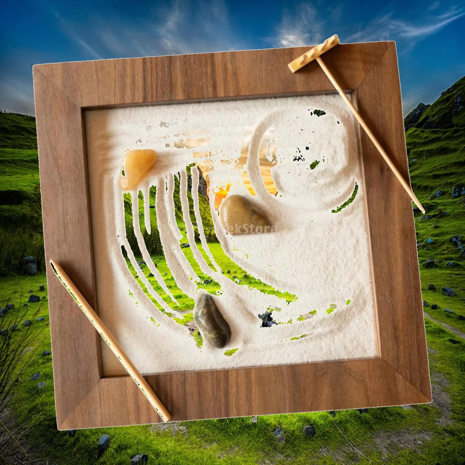 Desk Zen Garden Wooden Sand Tray Multicolor Pebbles Accessory Kit Tabletop Decor for Home Office