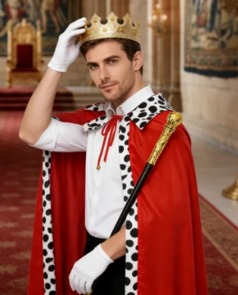 Royal costume accessories: golden crown, scepter, red leopard-print cape, brooch, and gloves. Perfect for a royal-themed party.