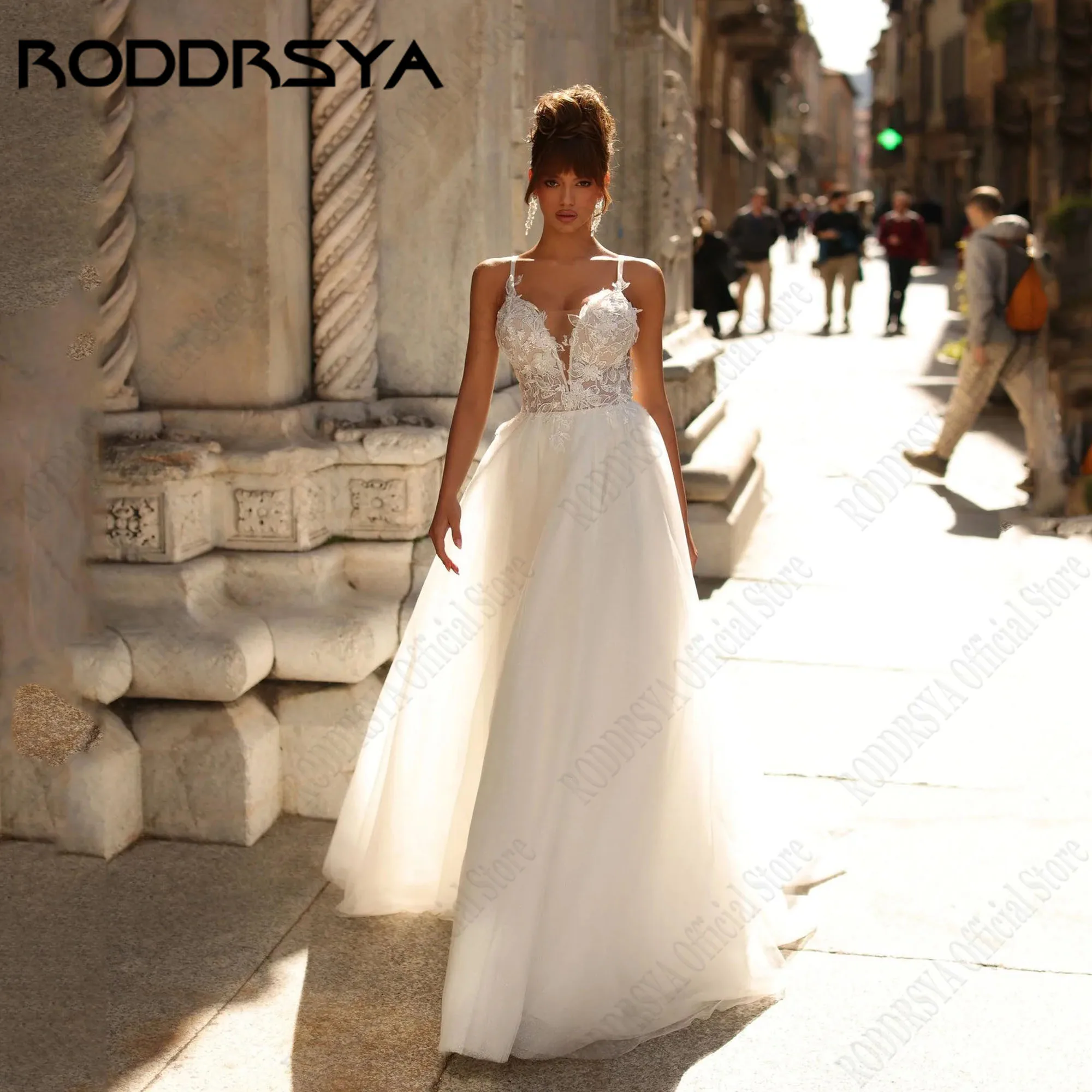 

RODDRSYA Spaghetti Straps Wedding Dresses For Brides V-Neck A-Line Modern Gowns Backless Lace Appliques robe de mariée Customzed