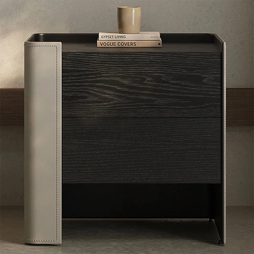 Italian minimalist solid wood bedside table leather saddle leather