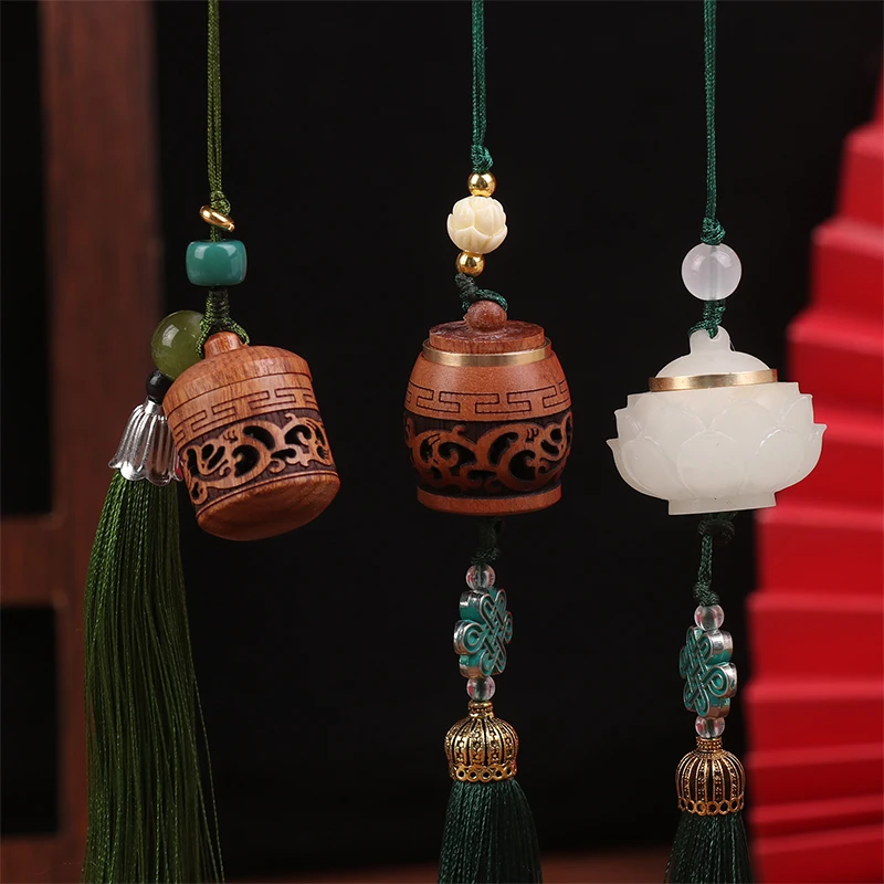 Green Sandalwood Chinese Style Fashion Wood Lotus Sachet Pendant Keychain Mobile Phone Chain Fragrant Pills Hollow Car Pendant