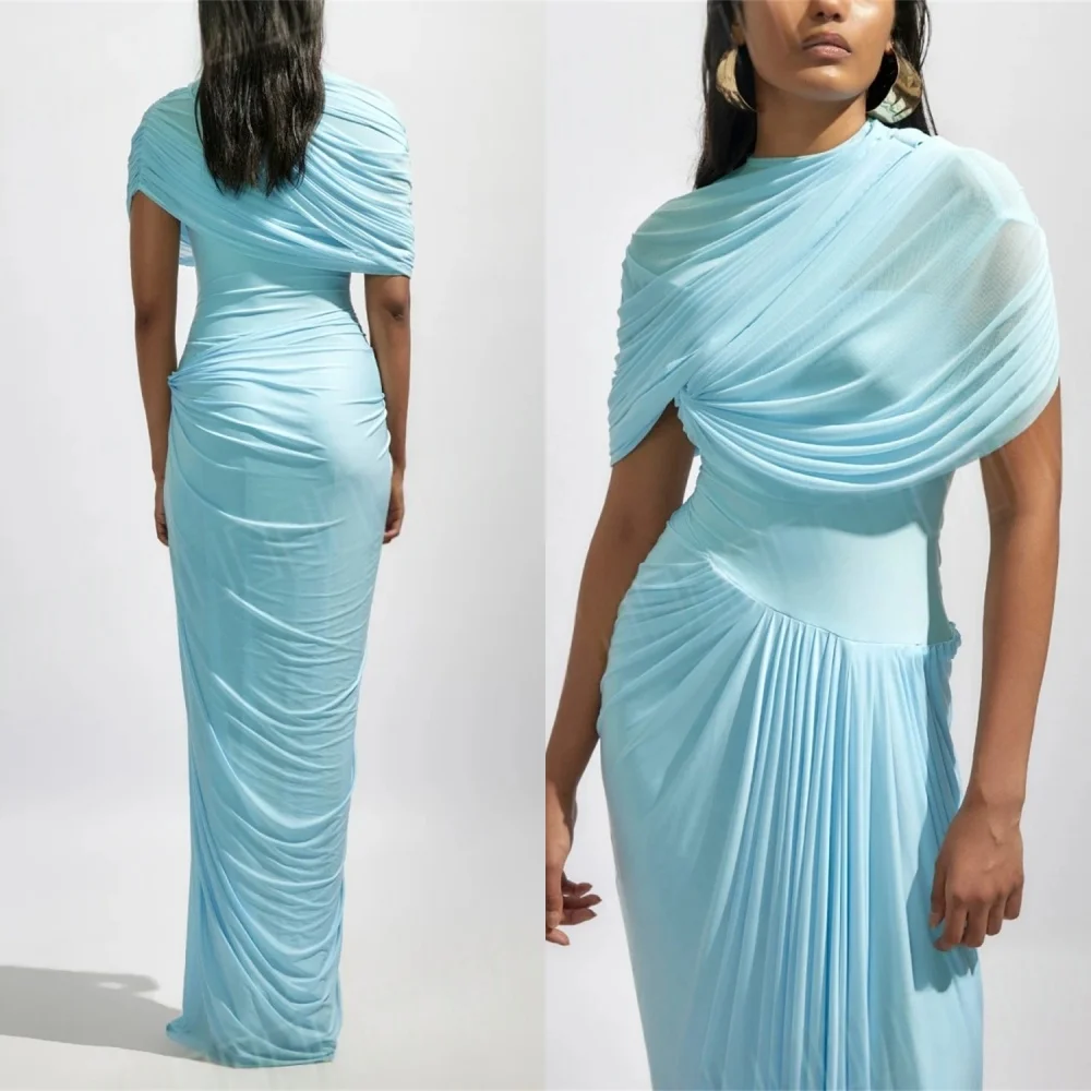 

Customized High Quality Blue Chiffon Evening Dress Exquisite High Neckline Celebrity Gowns Fashion Special Occasion Gowns