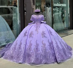 Lilac Purple Sparkling Princess Quinceanera Dresses 2024 Elegant Beaded Applique Bow Sweet Train Mexico Prom Lace Up