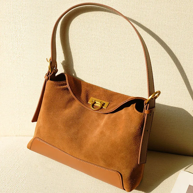

Retro Brown Genuine Cow Leather Shoulder Bags Gold Lock Buckle Trendy Women's Handbag Stylish Daily Office Lady Crossbody Bag