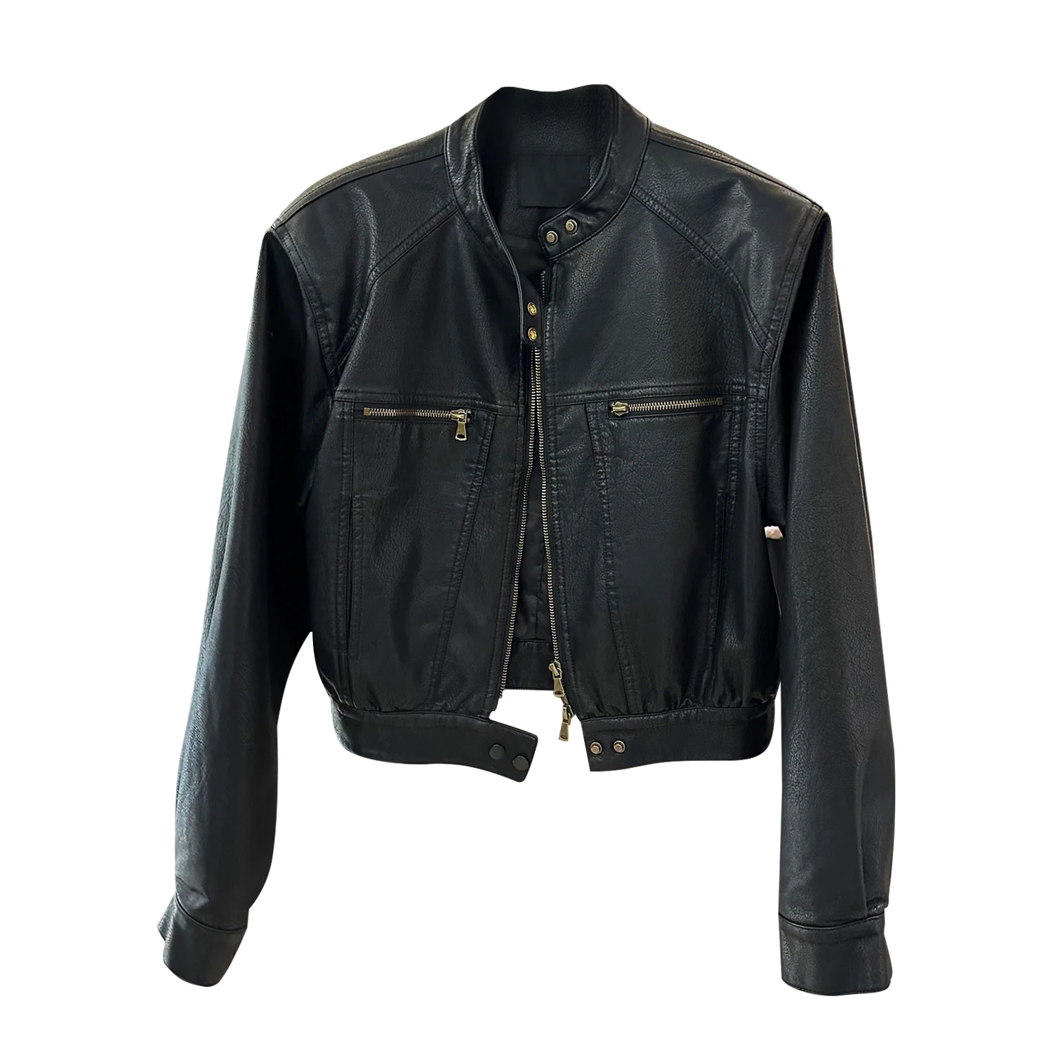 

American Sle Vintage Loose ort Motorcycle PU Leather Jaet Women Stand Collar Biker Coat Spring Autumn New Arrival