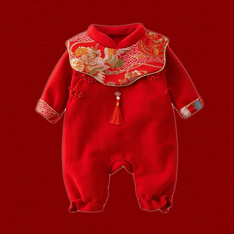

2023NEW Newborn Baby Chinese Traditional Jumpsuit For Infant Floral Hanfu Red Tang Suit Birthday Romper Chinese New Year Outfits