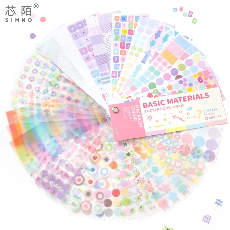 30sheet Basic Scrapbook Round Sticker for Kids Student Sweet Candy Color DIY Decor Kpop Photocard Sticker Number Letter Sticker
