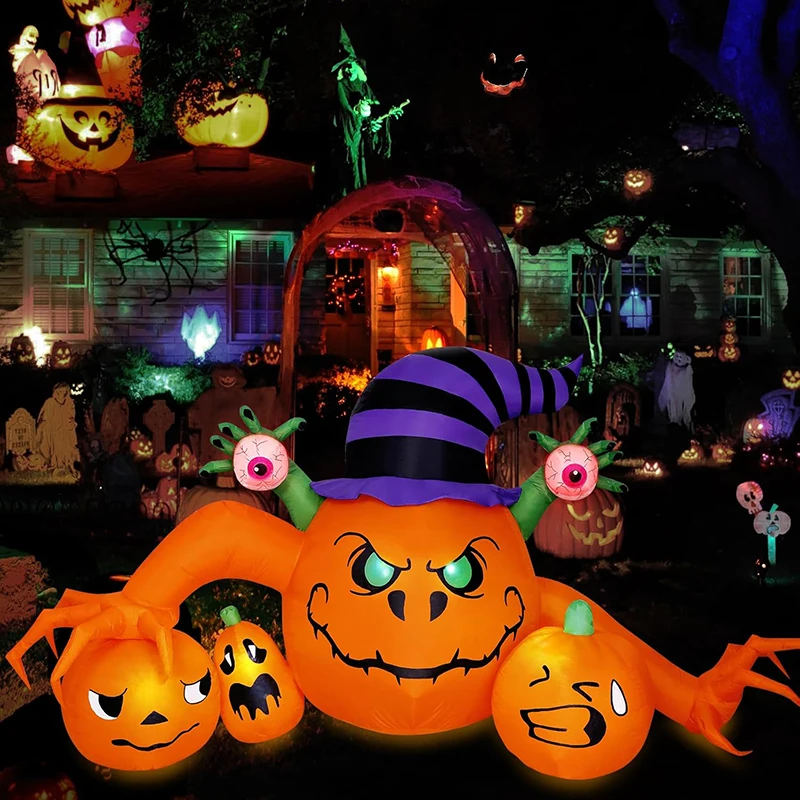 

8FT Long Halloween Inflatables Pumpkin with Green Eyes Blow Up Jack-o-Lantern Yard Decorations Outdoor Halloween Party Toys