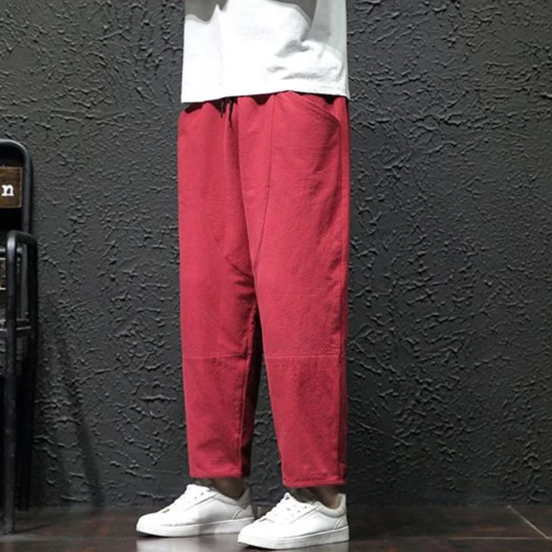 Сплошной цвет, тонкие свободные хлопковые мужские укороченные брюки, летняя классическая уличная одежда Xxxl, низкая цена, стильные мужские повседневные шаровары