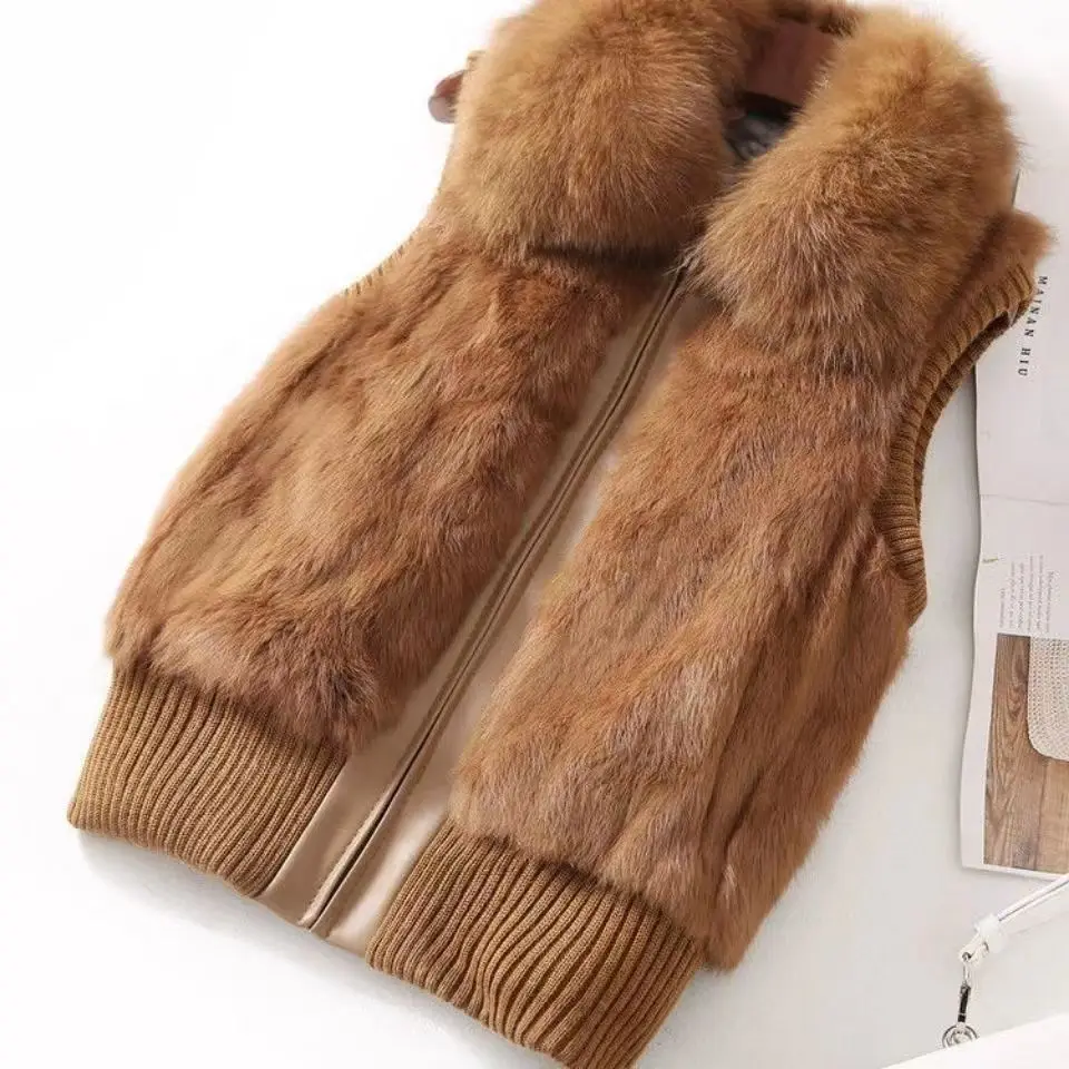 2024 outono inverno estilo clássico pele de coelho colete quente moda feminina gola de pele de raposa natural feminino colete de pele real jaqueta topos