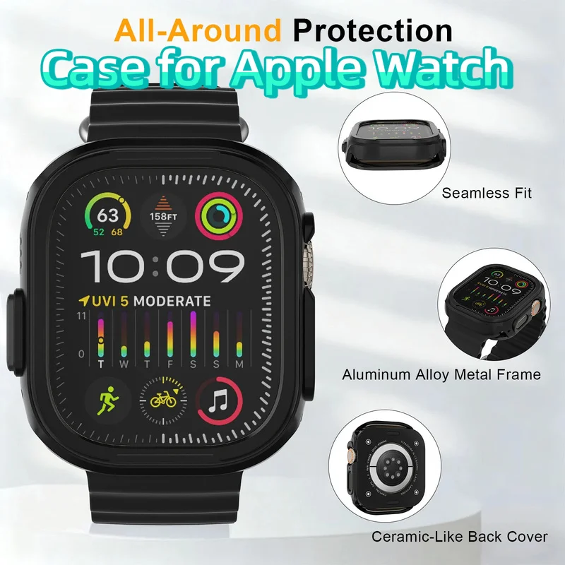apple-watch用ブラックケース、時計アクセサリー保護ケース、超金属製落下防止オールインクルーシブケースに適しています。