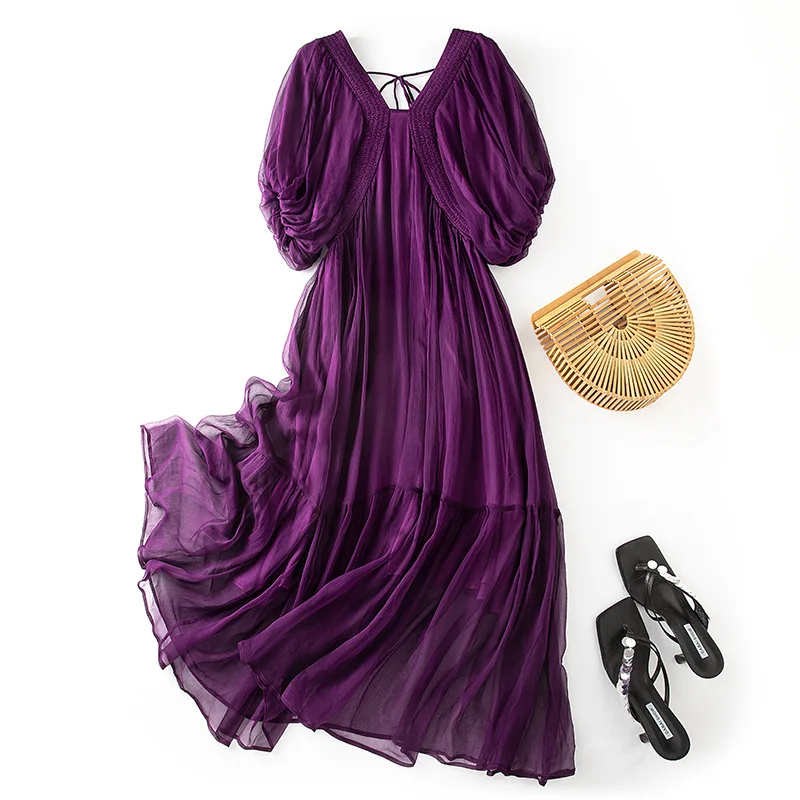 Women 100%Real Silk Elegant Dress, High Waist Batwing Sleeve Solid, Beach Vacation Fairy Dresses, 2025 Summer D54343CC